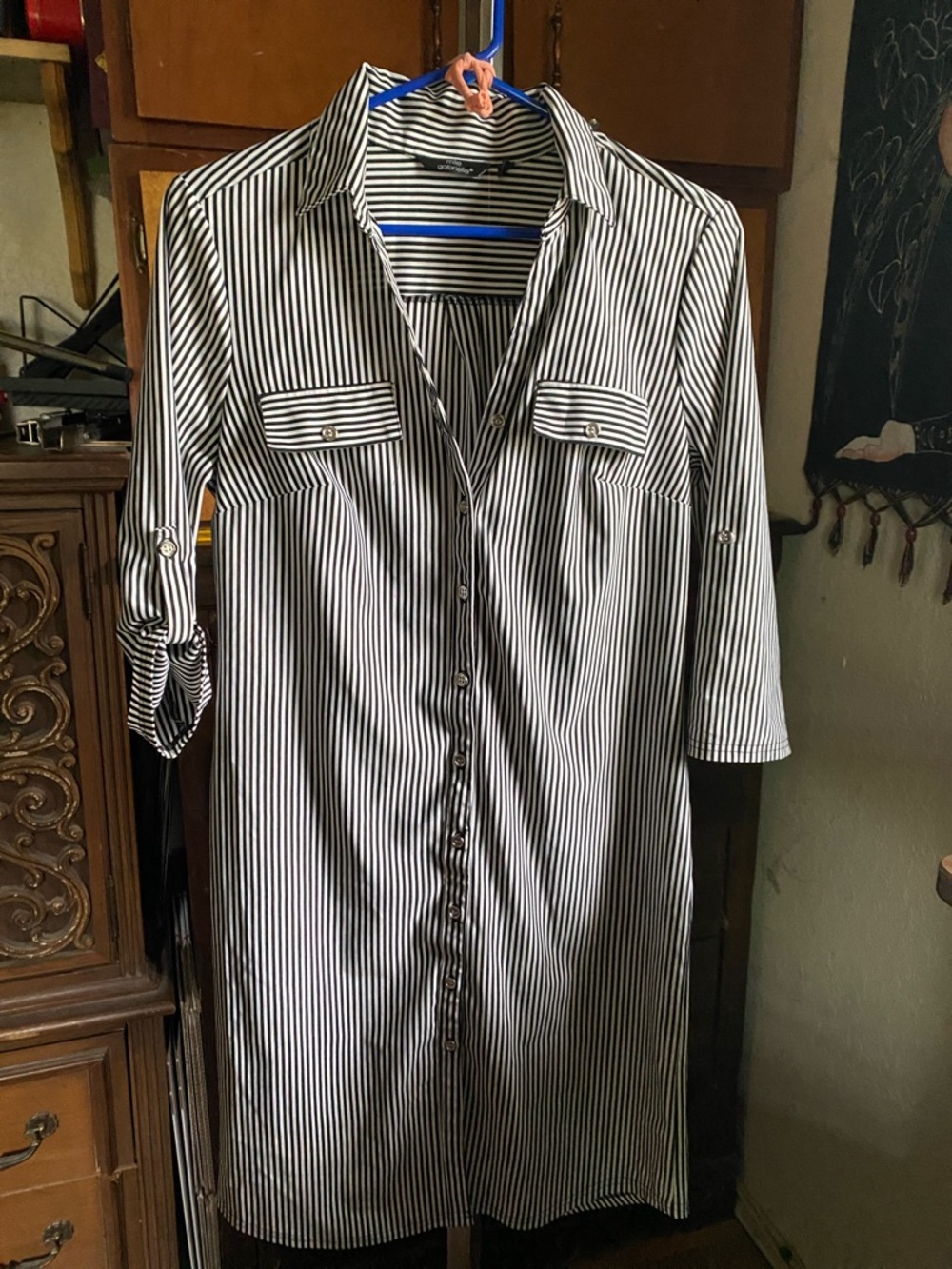 Women's Black and White Striped Button-Down Shirt Dress